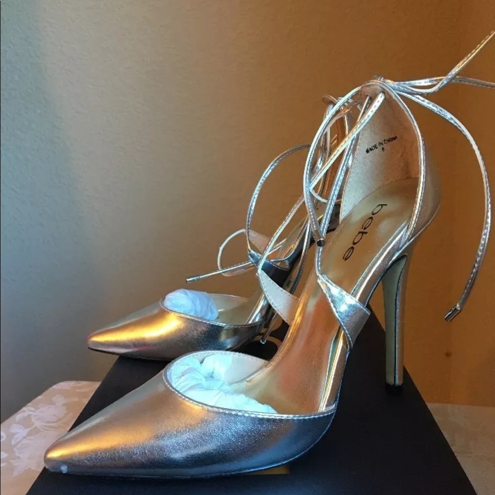 bebe Metallic Silver Ankle Strap Heels